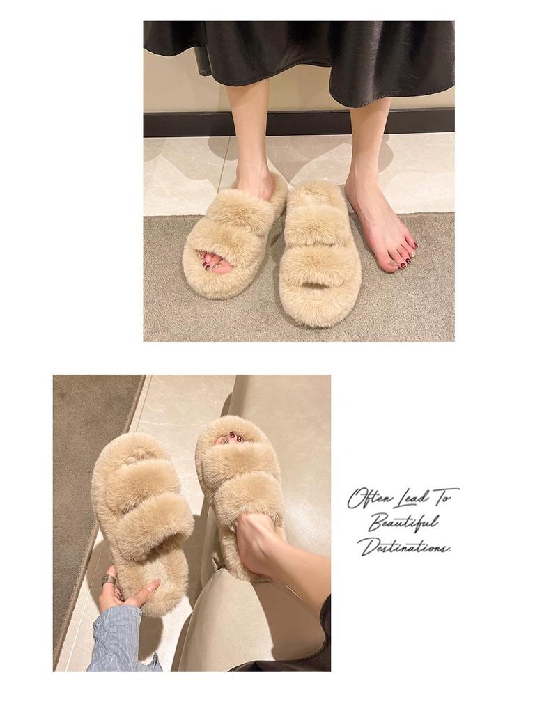 Large Cross-Fur Women's Slippers - Thick, Flat-Bottomed, Warm & Stylish for Spring, Autumn, Winter