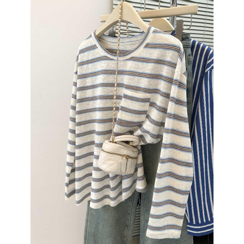 

Real shot pocket design sense contrasting color striped long-sleeved T-shirt women s season loose bottoming shirt top XL