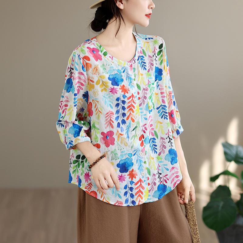 DIMANAF 2026 Estate Nuova Camicia Blusa Taglie Forti Donna Elegante Stampa Floreale Top da Donna Maglietta Cotone Abbigliamento da Spiaggia