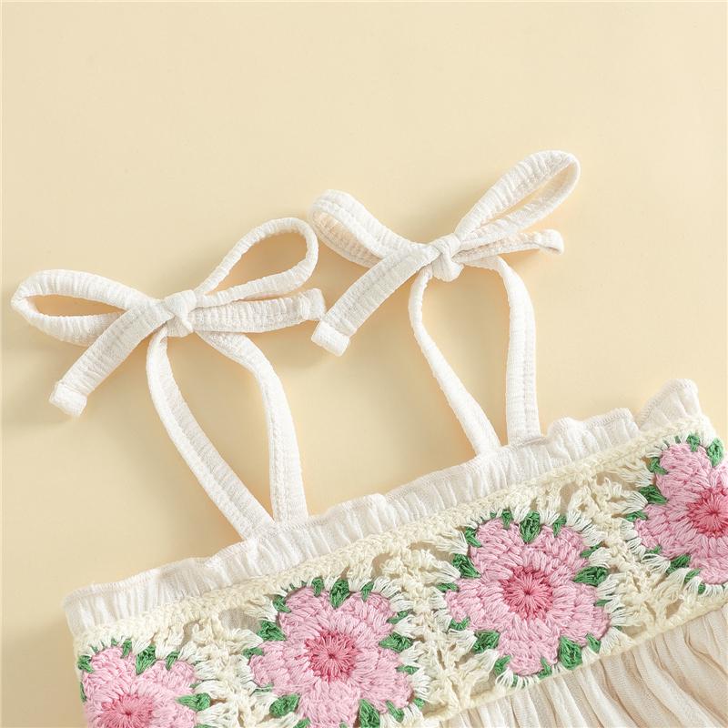 Girls Suit Summer Fashion Children Style Flower Crochet Spaghetti Strap Tops and Shorts Two-piece Girls Clothing Sets