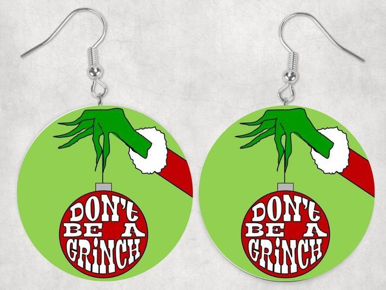 

European & American Christmas Grinch Round Wooden Earrings, Double-Sided Pattern, 4cm