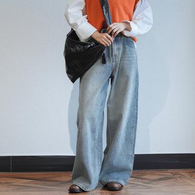 Kore Versiyonu Retro Yıkama Moda Yüksek Bel Geniş Bacak Kot Yaz Gevşek Trend Rahat Düz Pantolon Kadın