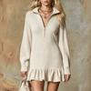 Women's Half Zip Collar Long Sleeve Ruffle Trim Short Dress for Everyday Casual Wear