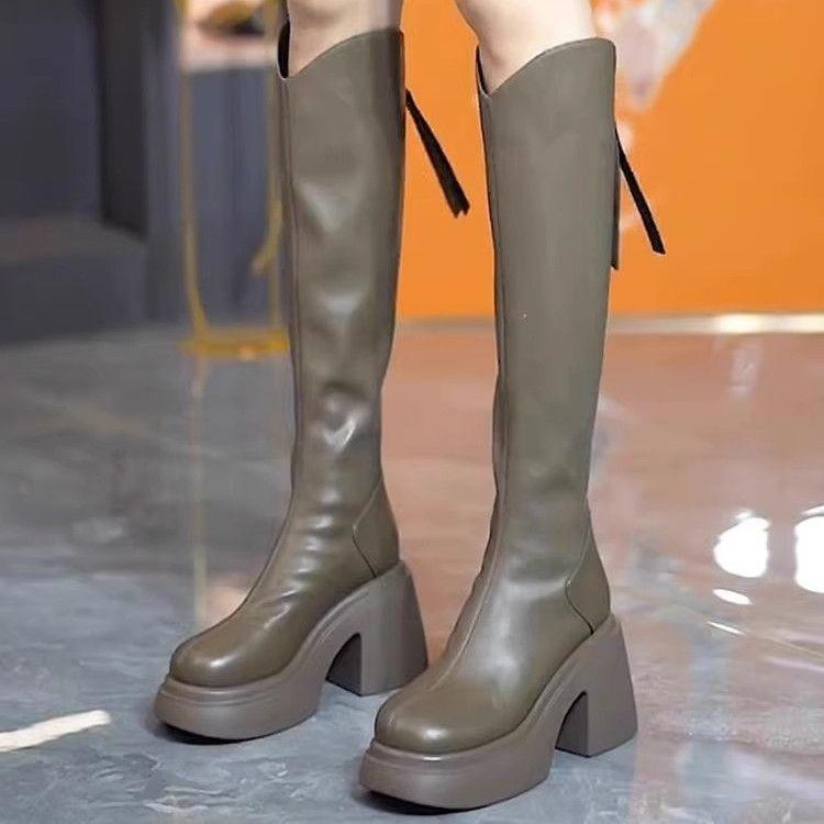 Thick heel platform boots women's 2025 autumn and winter new high heel boots V-mouth temperament but knee knight boots rear zipper