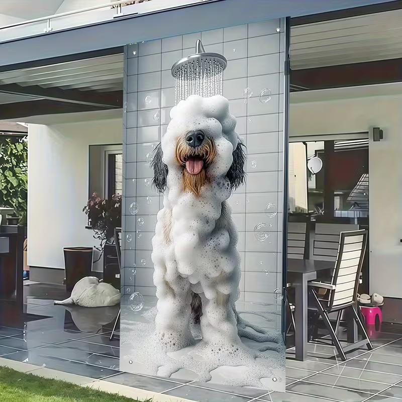 

2D Cute Puppy Bathing Door Backdrop Funny Dog in Shower with Bubbles Photo Background 47.2x31.5inch/120*80cm