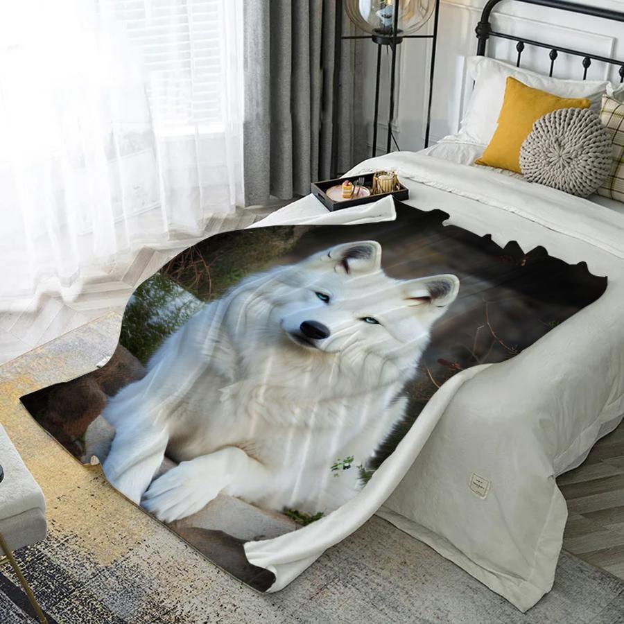 

White Wolf Print Microfiber Flannel Cover Blanket Bedroom Living Room Sofa Soft And Comfortable Home Decoration 130cmx150cm