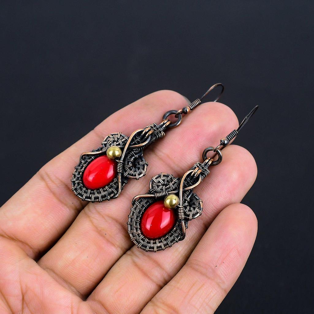 Red Coral Handmade Gemstone Earrings, 999 Copper Wire Wrapped Earrings Antique Jewelry, For Engagement Gift