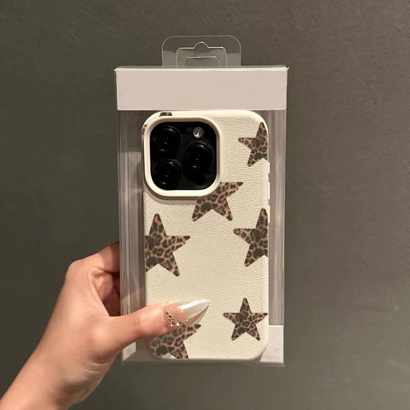 Leopard Print Stars Lychee Texture Phone Case For iPhone 17 Air 16 E 15 14 13 12 11 Pro Max Plus SE Soft Cover