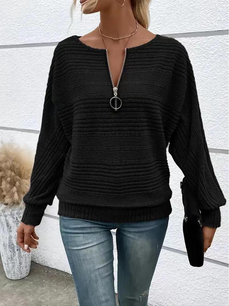 Women's Casual Solid Color Long Sleeve Zip Pullover Top (Autumn/Winter 2025)