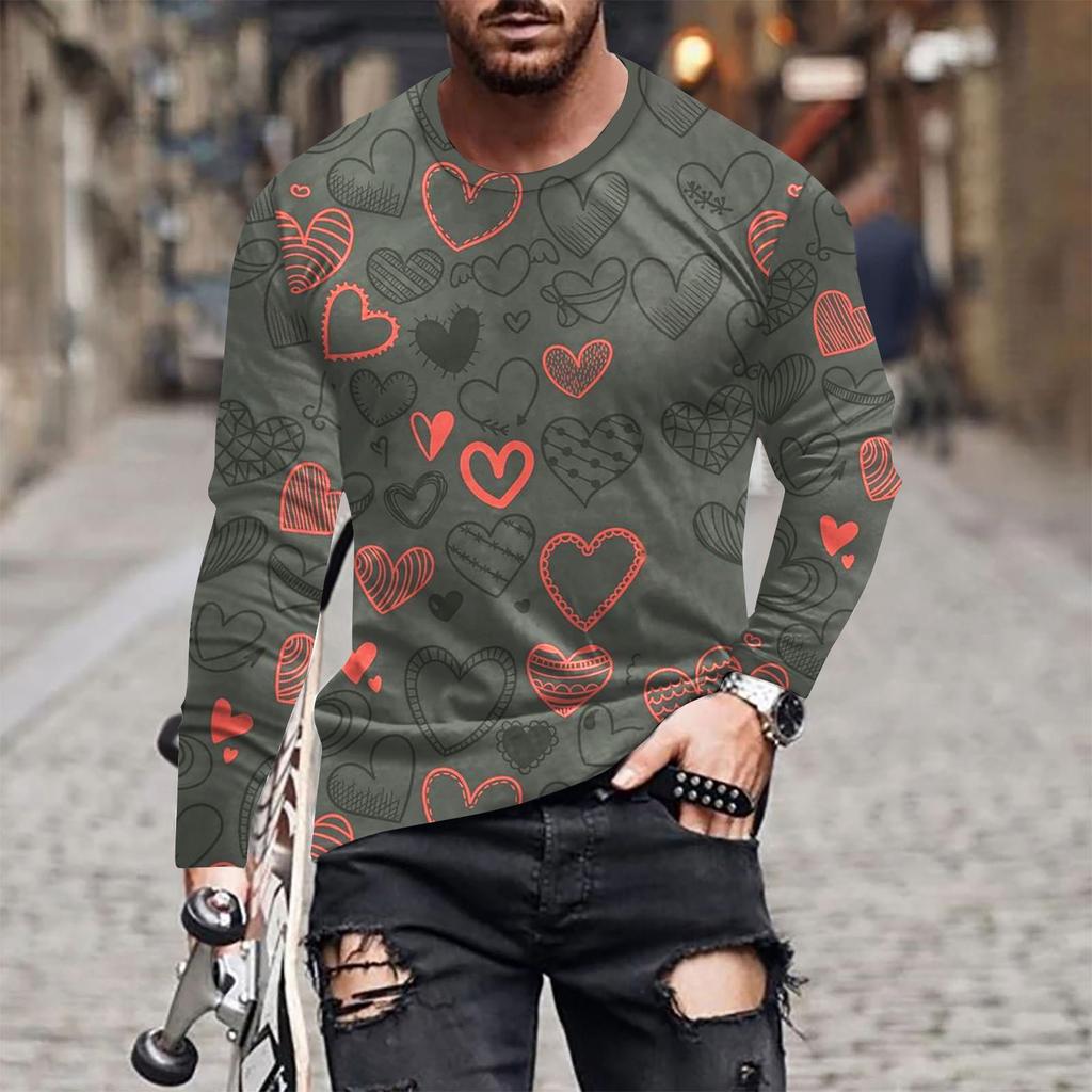 Spring and Autumn Round Neck 3D Love Printed Top Valentine's Day Themed T-shirts Fashionable Casual Long Sleeved Men's T-shirts
