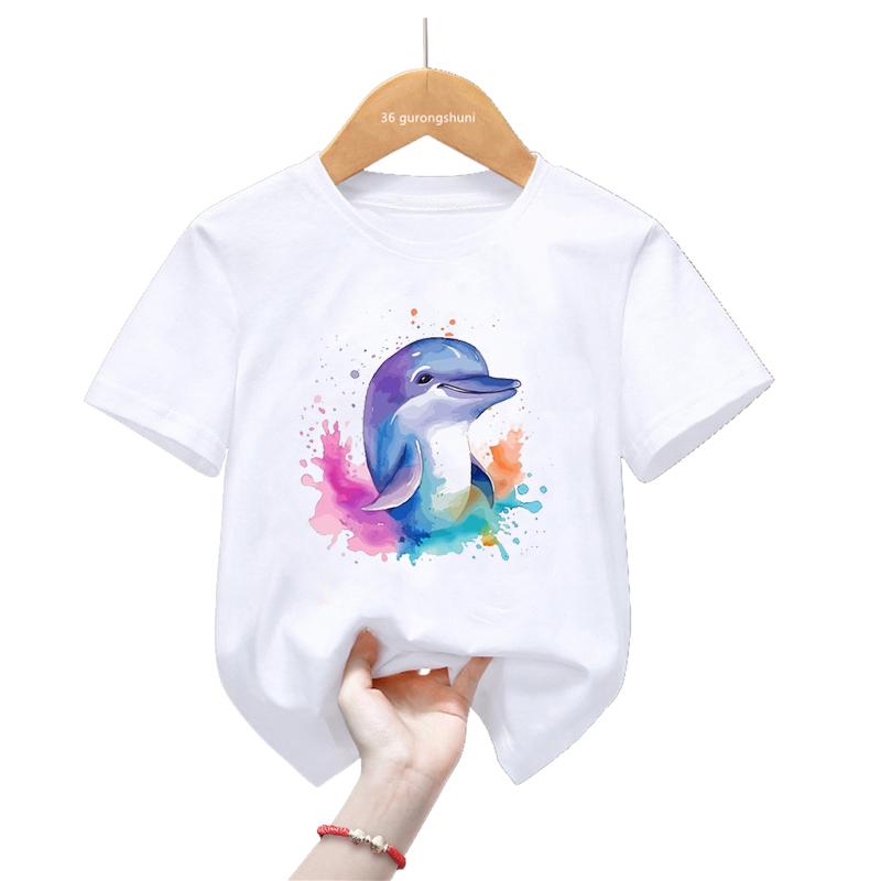 Watercolor Dolphin Love Printed Tshirt Girls/Boys Harajuku Kawaii Kids Clothes Summer Fashion Short Sleeve T-Shirt