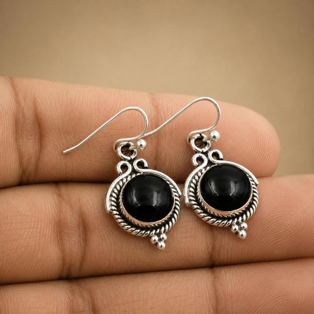 Black Onyx Round Earrings In 925 Sterling Silver, Oxidized Handmade Boho Dangle Earrings, Gothic Gemstone Jewelry for Women