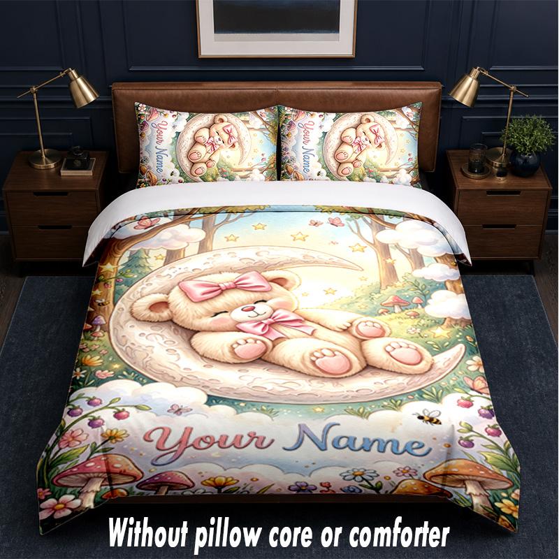 Teddy Bear Theme Custom Text Or Name 3Pcs Bedding Set,1 Flat Sheet & 2 Pillowcases Personalized Home Bedding