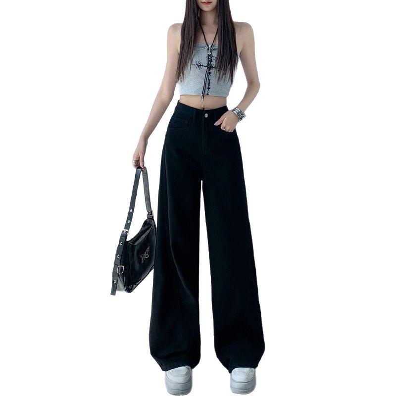 Fashionable Black Light Luxury Korean-Style Wide-Leg Jeans - Super Soft Cotton, Slim Fit for Women - Perfect for Spring and Summer