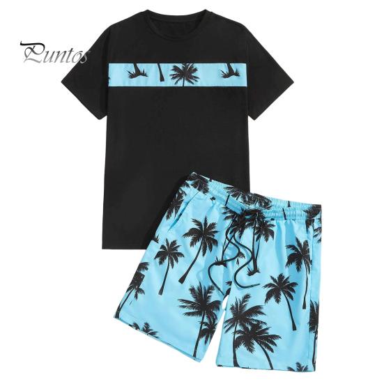 

2 шт./компл., мужская летняя повседневная одежда, футболка с принтом кокосовой пальмы, широкие шорты с эластичной резинкой на талии, комплект свободного кроя, повседневная пляжная одежда M синий