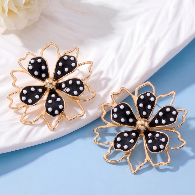 Elegant Gold Plated Floral Earrings Black Enamel White Dot Design Dainty Jewelry for Dinner Date Wear