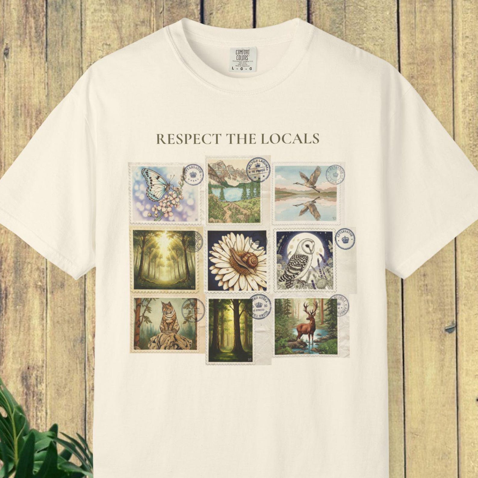 Comfort Colors Respect The Locals Shirt, Retro Postage Stamp Nature Tee, Wildlife Collage T shirt, Animal Lover Tee, National Park Shirt M