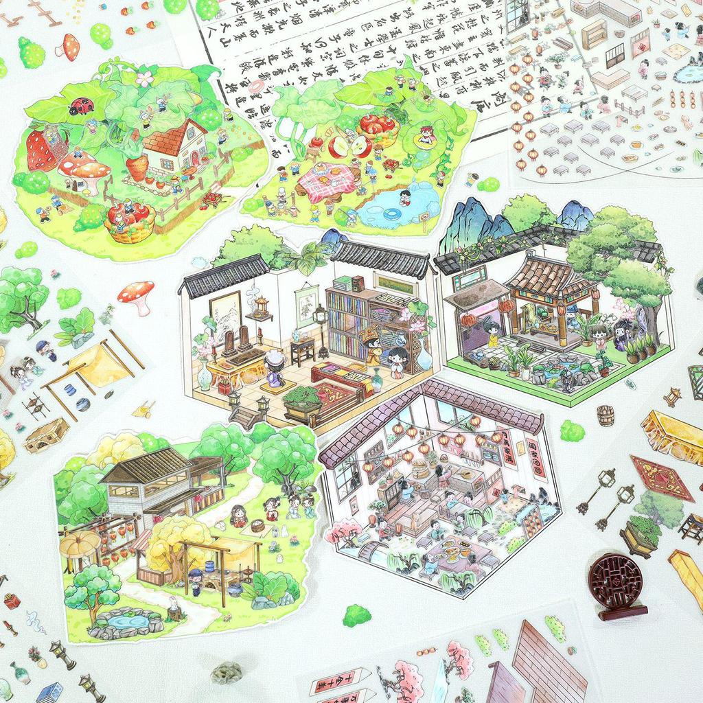 3D Stereo DIY Collage Landscape Stickers - Frosted PET Die-Cut for Journaling & Miniature Scenes