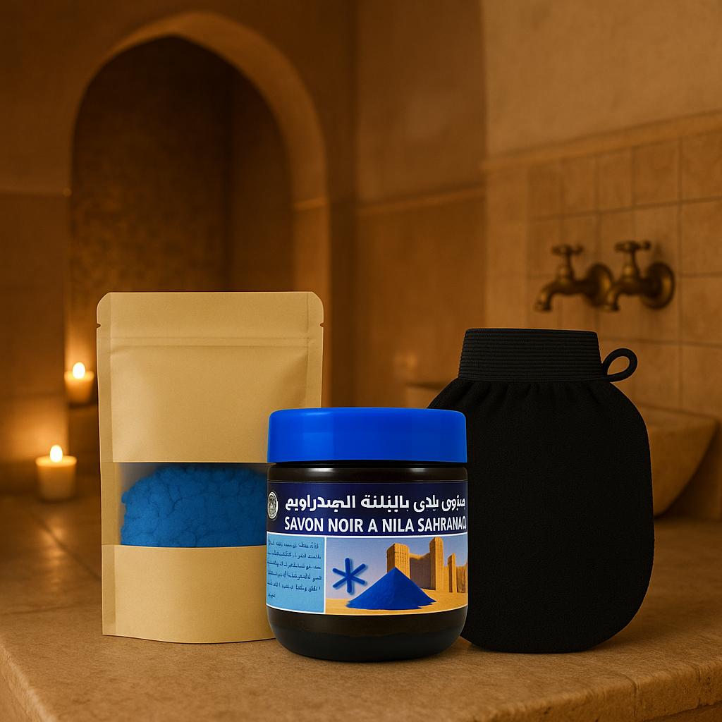 Nila Pulver 100g + Nila Schwarze Seife 200g + Kessa Handschuh – Aufhellendes Marokkanisches Hammam Set
