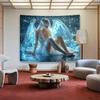 2D Blue Glow Angel Tapestry Cloth with Water Wings and Snow Background
