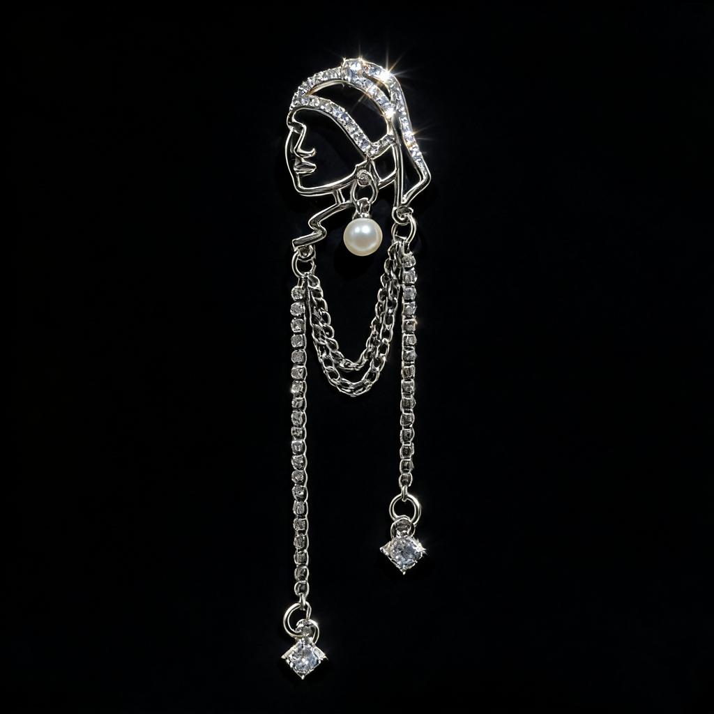 New Creative Full Zircon Tassel Girl Wearing Pearl Earrings Brooch for Women High-end Retro Corsage Suit Pin Jewelry Accessories