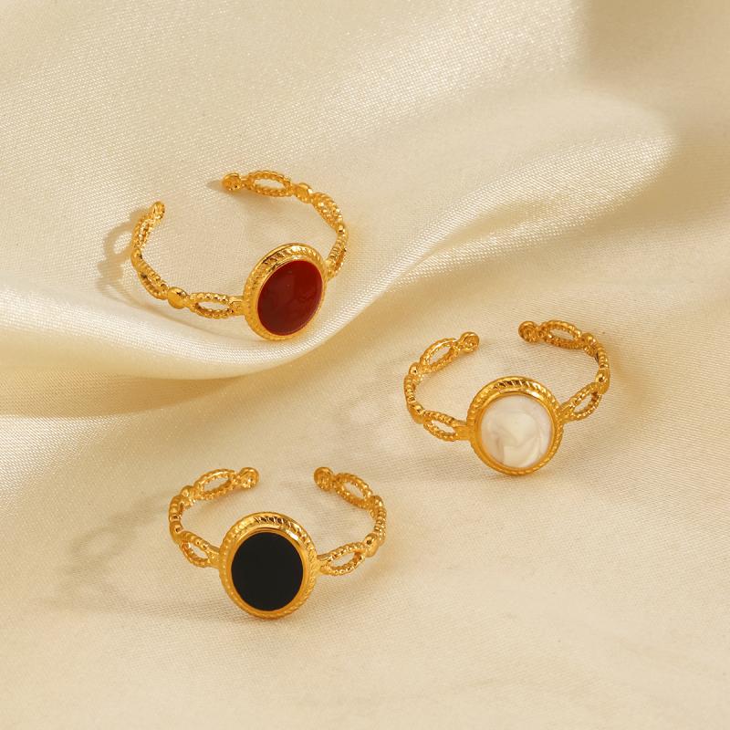 Vintage Stainless Steel Red Drip Oil Oval Rings for Women Classic Waterproof Gold Color Hollow Opening Ring Banqent Jewelry Gift