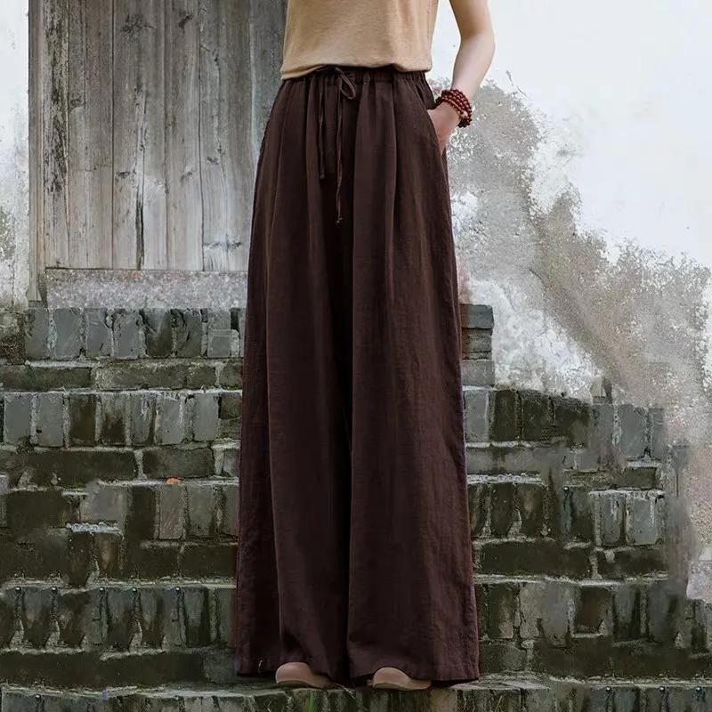 Pantaloni din bumbac și in Pantaloni largi pentru femei de primăvară și toamnă Pantaloni leagăn largi și subțiri Pantaloni largi de mărime mare Pantaloni casual Pantaloni pantaloni cu talie elastică