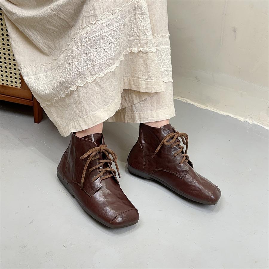 Johnature Bottines Plates Courtes Rétro Cuir Véritable Bout Carré Lacets Bottines Femme