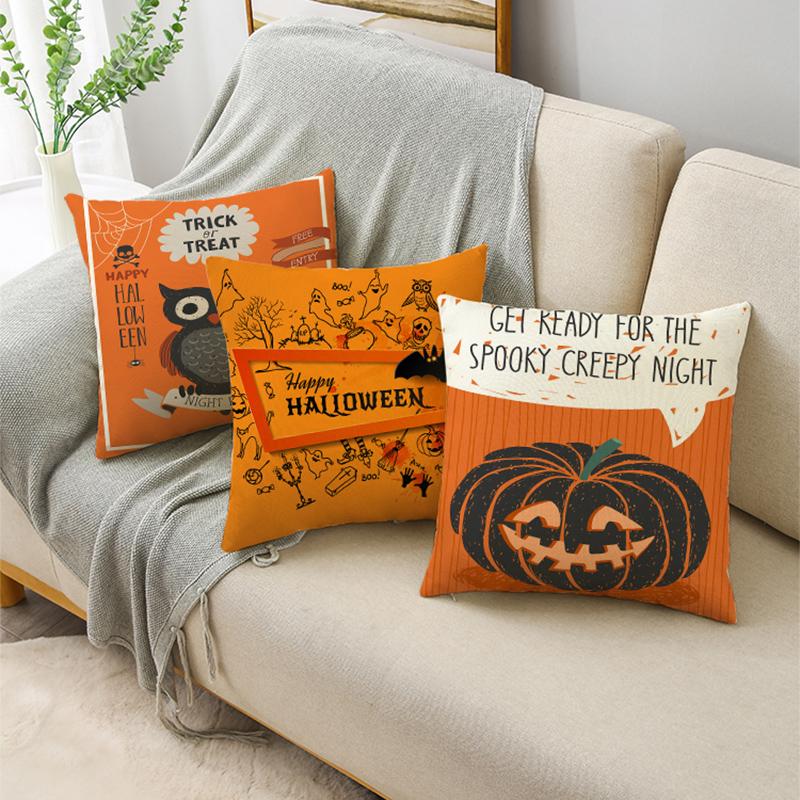 Trick Or Treat Yellow Halloween Cartoon Skull Pumpkin Linen Throw Pillowcase Decorative Cushion Cover For Sofa Living Room Party