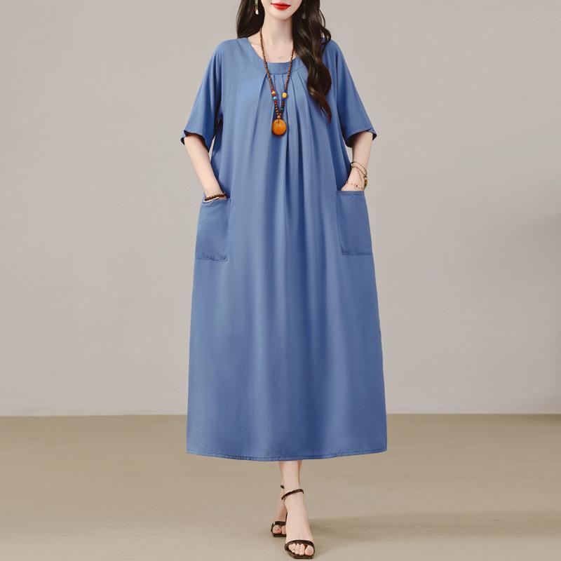 Women's Plus Size Maxi Dress, Boho Print Loose Short Sleeve Casual Dress with Pockets (XL-5XL)