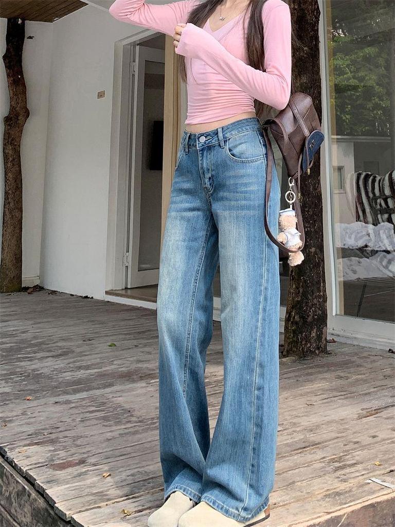 Pantalon en Denim Bleu Rétro Jambe Droite pour Femme - Amincissant Long jusqu'au Sol, Micro-Élastique, Automne/Hiver 2025