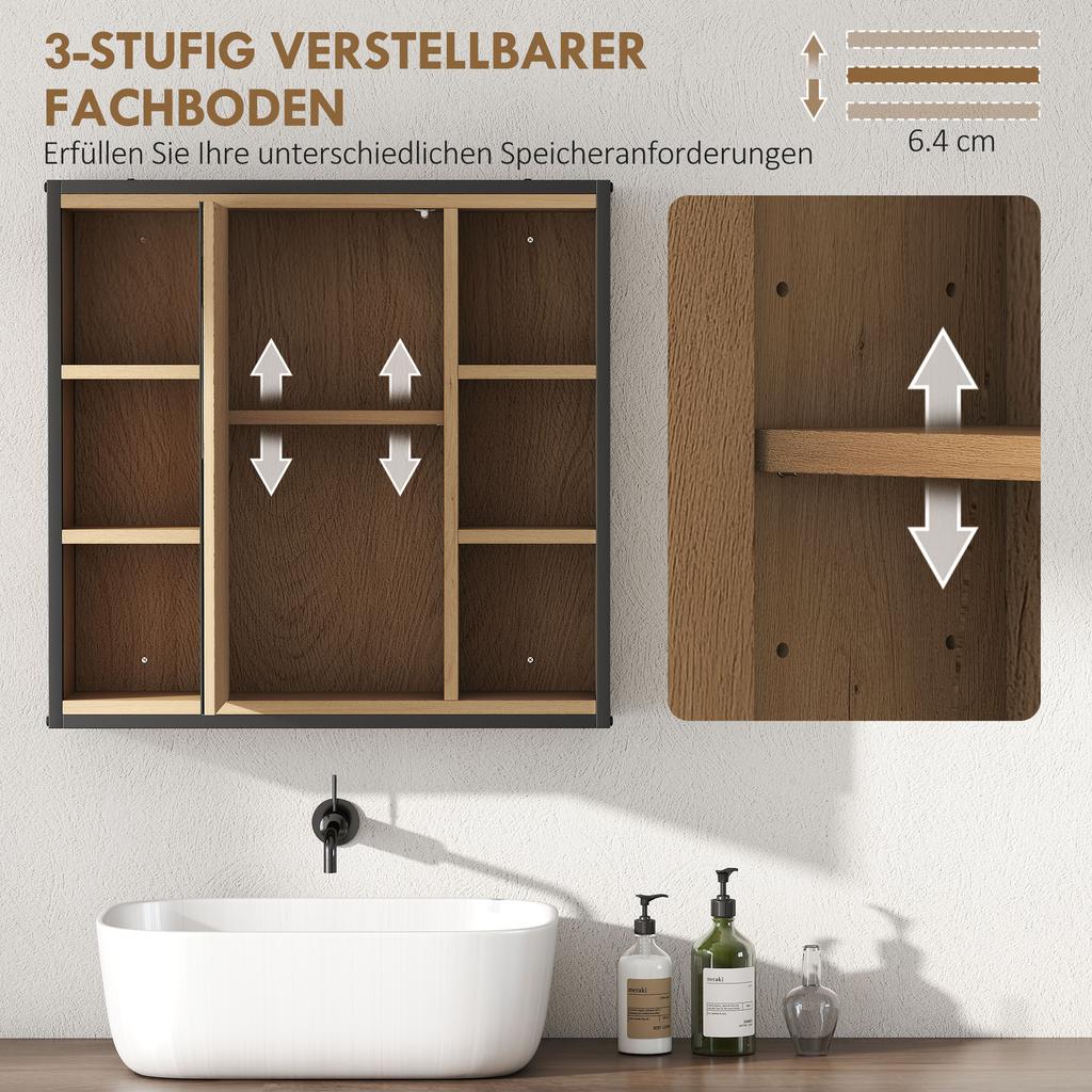 Badezimmerspiegel-Schrank, 6 offene Fächer, 3-stufiges Regal, Wandmontage, Eiche