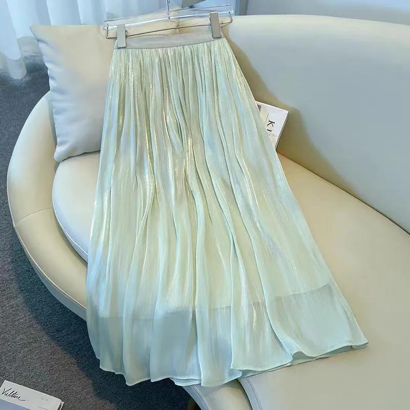 Skirt for Women Shimmer Tulle Casual Versatile Elastic High Waist Long Loose Solid Color Trousers Stretchy Slim Skirt