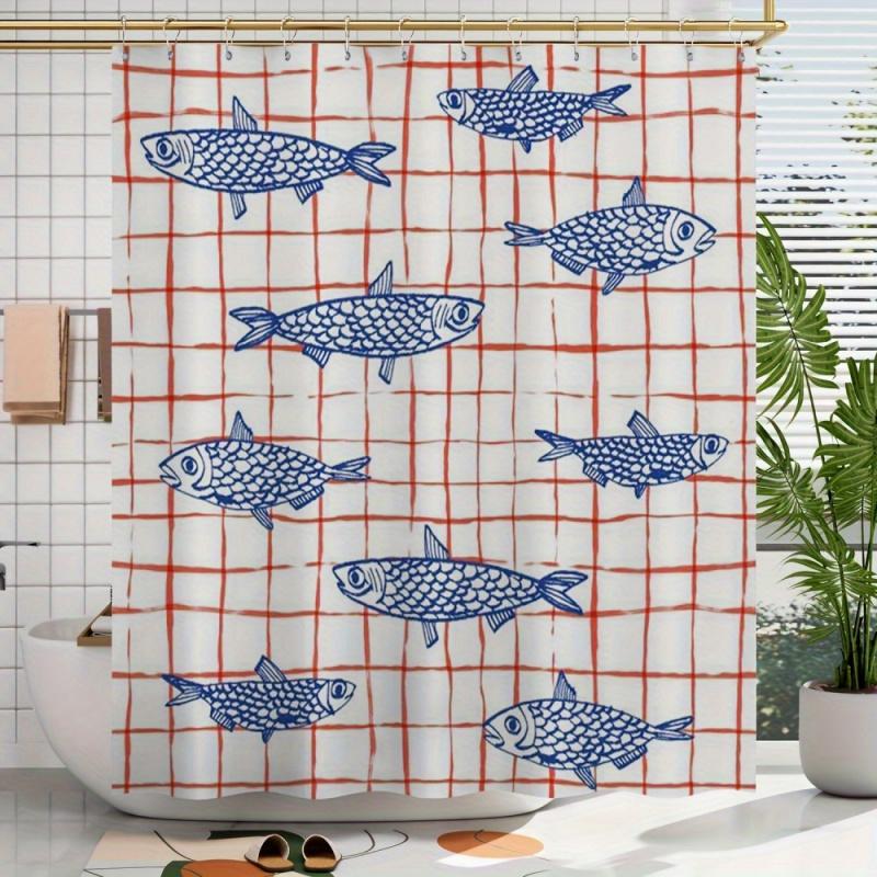 Checkered Fish Pattern Printed Shower Curtain Patterned Shower Curtain For Bathroom Separation And Decoration