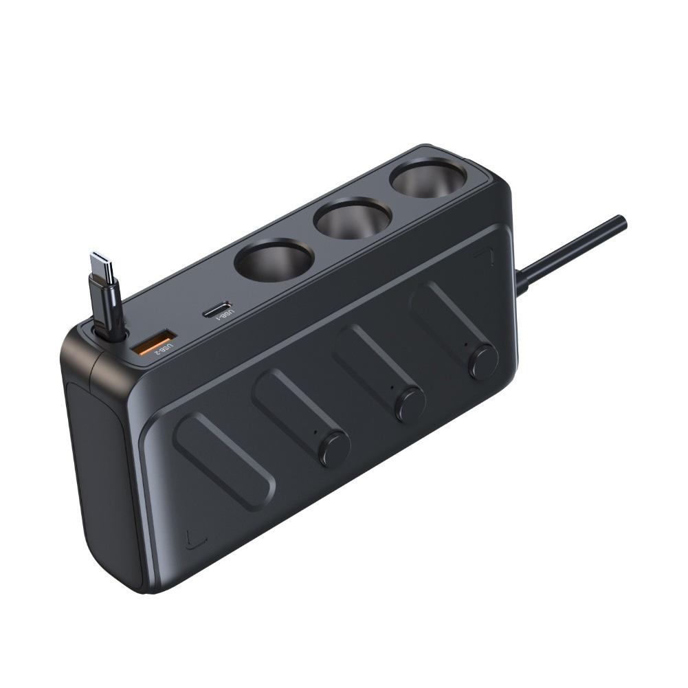 Retractable Car Charger Adapter 3 Socket 12V 24V with Type C PD Cable Vehicle Power Supply Multiple Device Charging