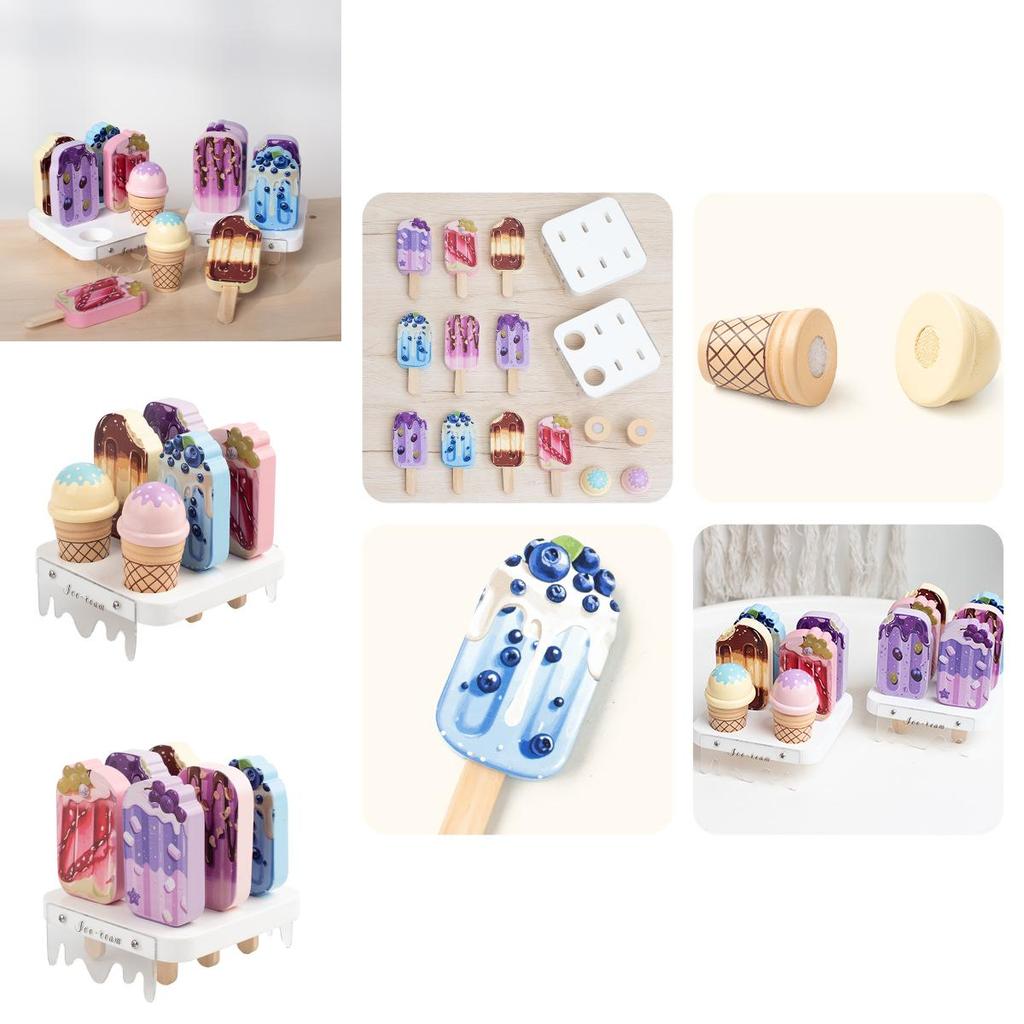 Wooden Pretend Kids Ice Cream Shop Play Set With Realistic Dessert Display For Childrens Role Play