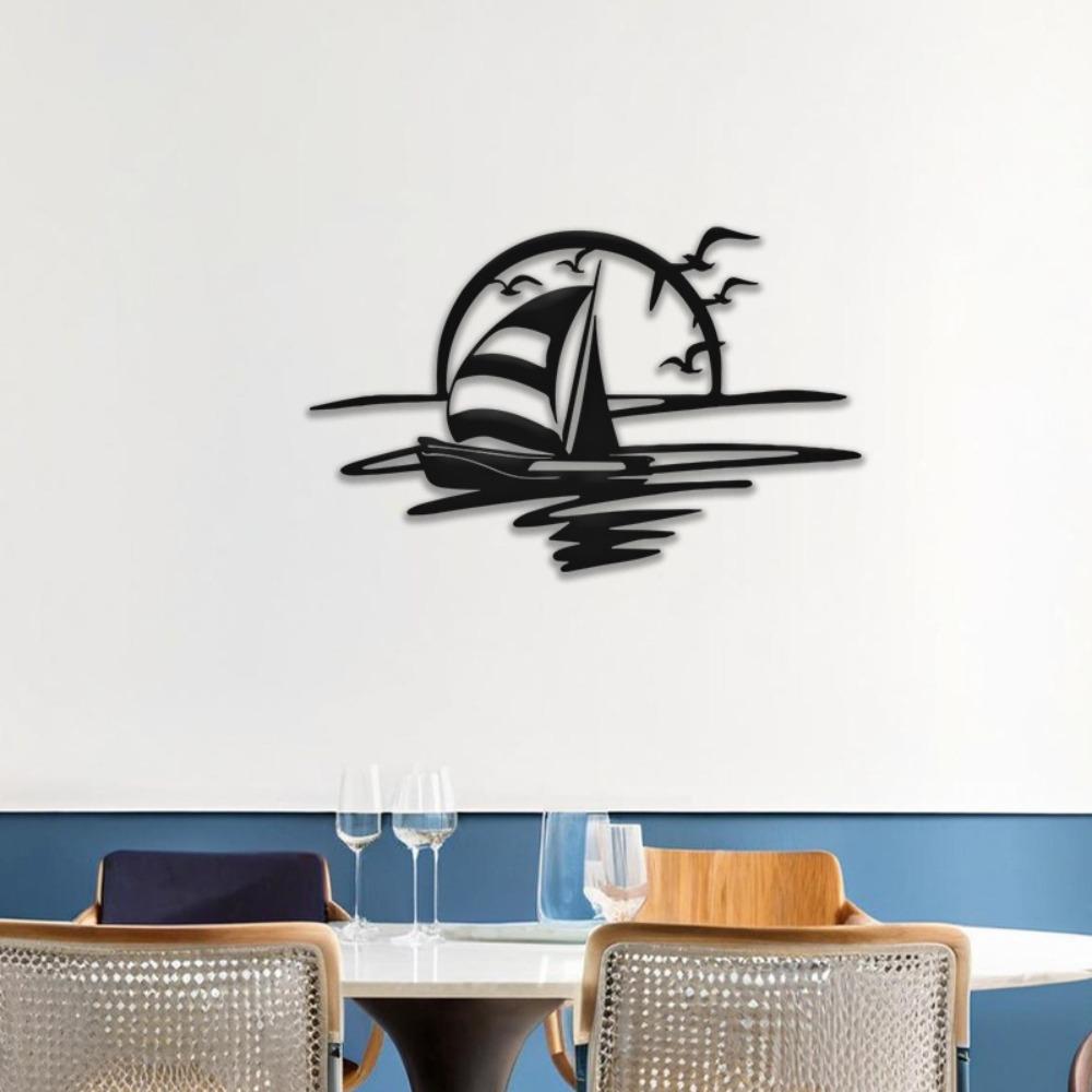 15.75" Sunset Sailboat Seagull Iron Wall Art, Coastal Ocean Decor for Indoor Outdoor Living Room Patio