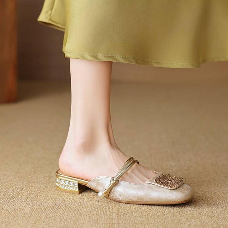 Fashion Crystal Luxury Square Toe Slippers Women Sandals High Heels Mules Shoes Summer Designer 2025 Brand Sexy Chunky Pumps Flip Flops