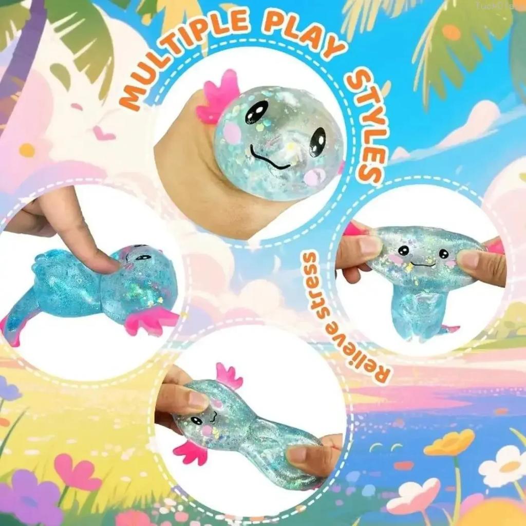 4Pcs Glitter Axolotl Squishy Toys, Cute Malt Sugar Texture, Soft Stress Relief Fidgets for Kids & Adults