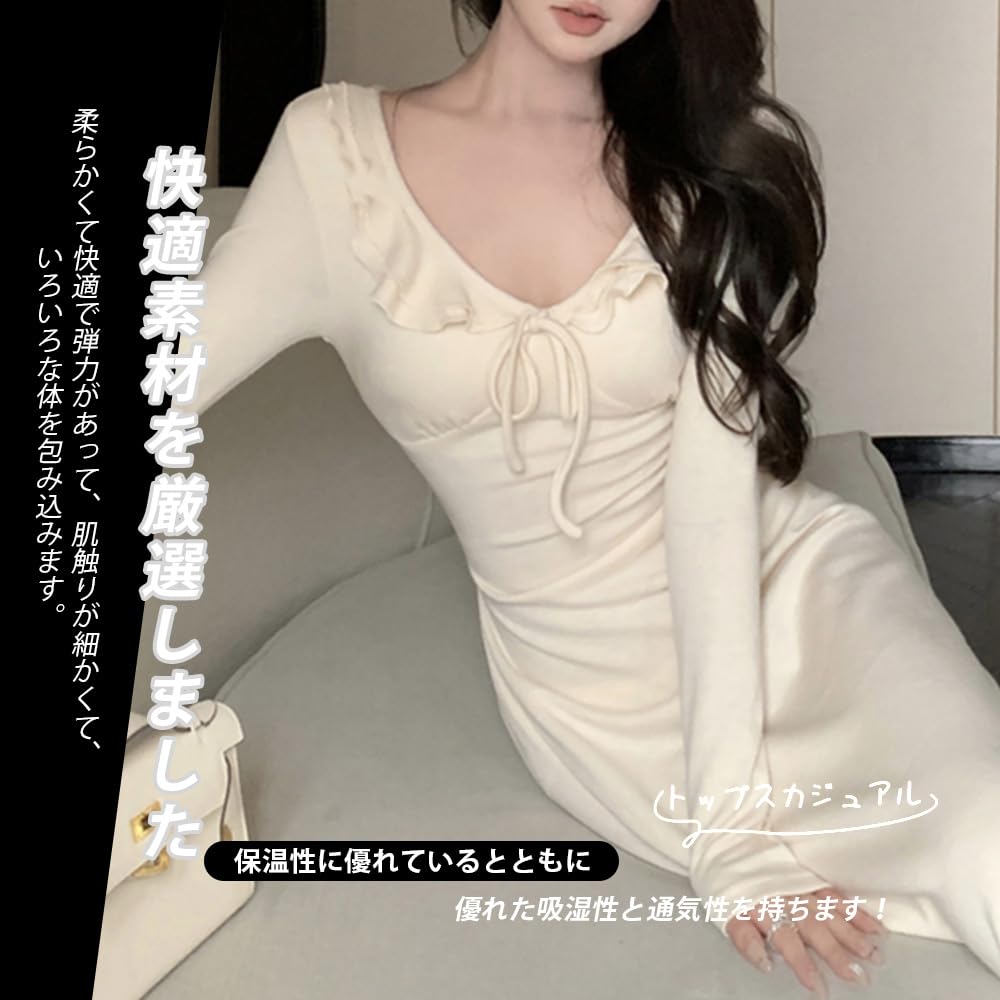 PHOLEEY Long Tight Midi Elegant for Women's Dress, Sleeve, V-Neck, Ruffles, Ribbon, Length, Fall/Winter