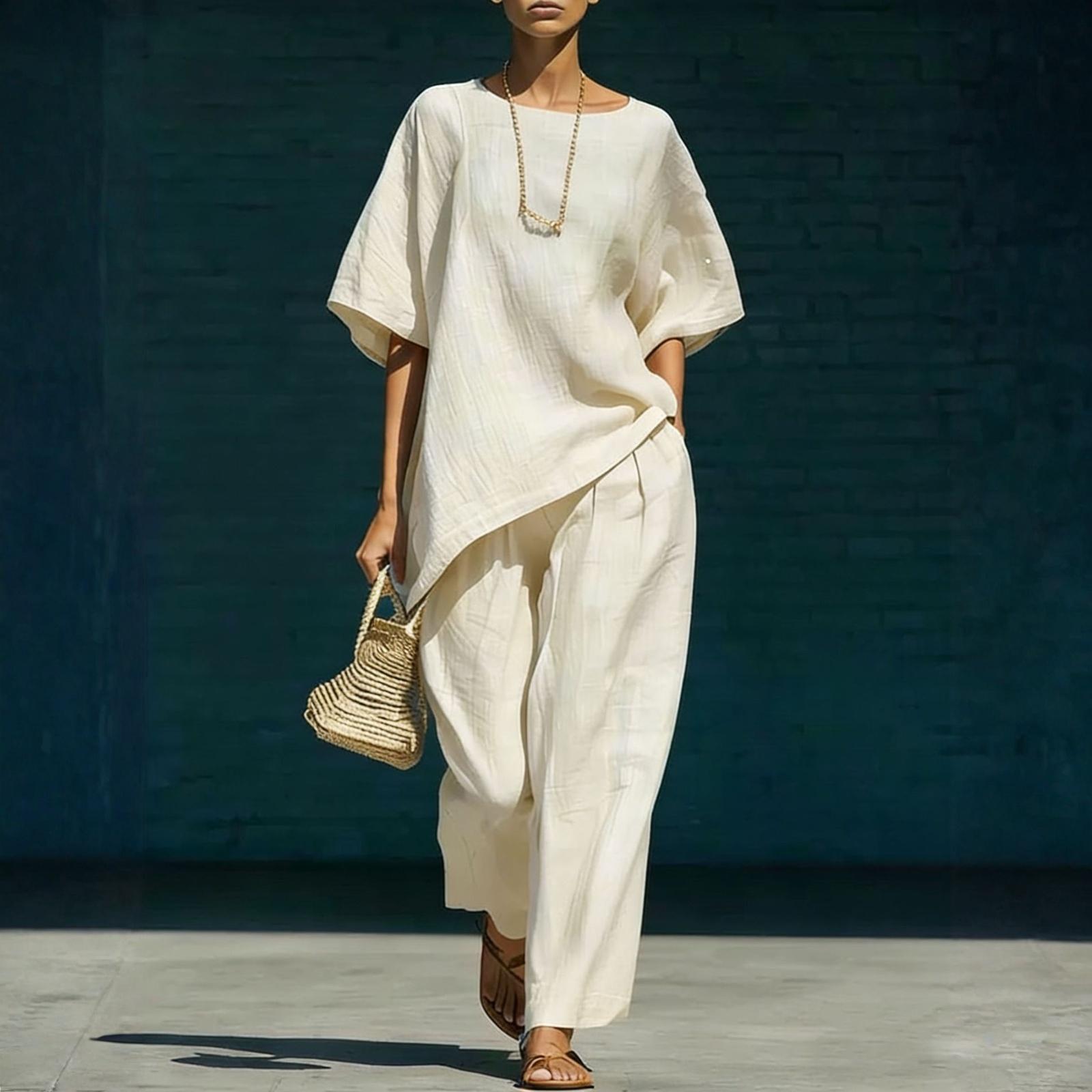 

Women s Fashionable Loose-Fit Top With Asymmetrical Hem + Wide-Leg Pants Set L бежевый
