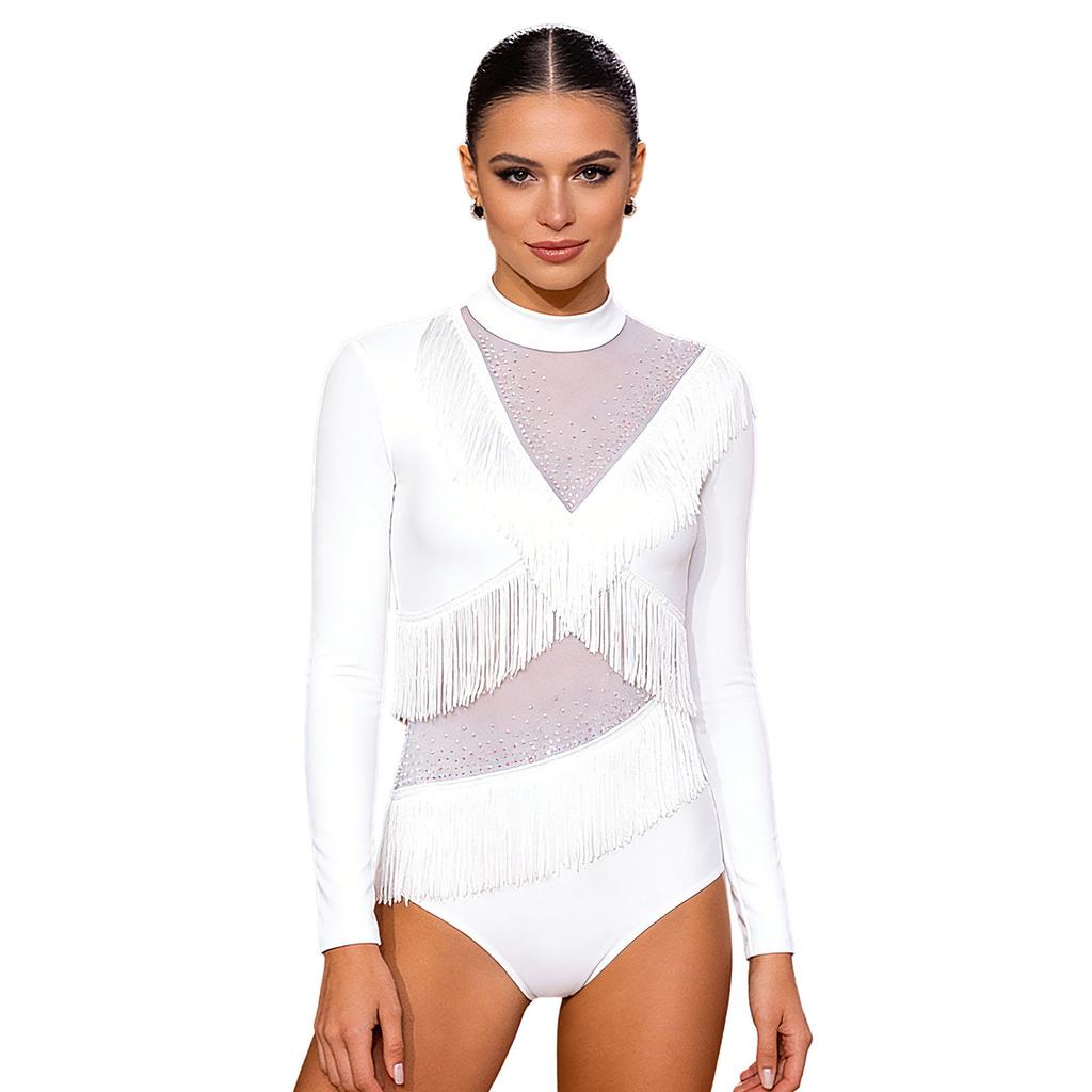 Damen Latein Tanz Jumpsuit Strasssteine Langarm Reißverschluss Hinten Fransen Leotard