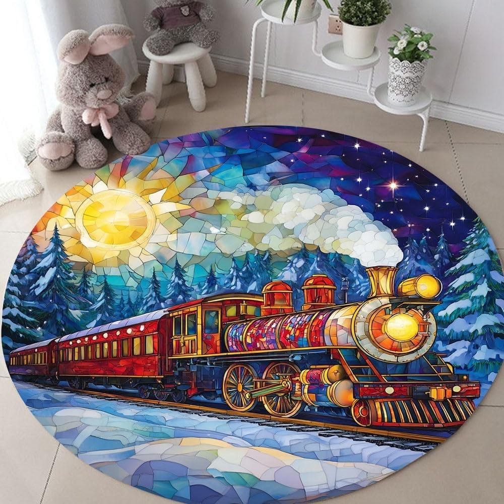 Colorful Mosaic Starry Sky Train Round Carpet Golden Sun Red Locomotive Forest Print Mat Dreamy Dazzling Glass Design Decor Rug