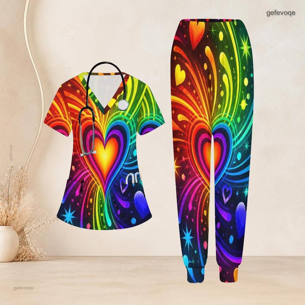 Women Plus Size V Neck Short Sleeve Scrub Set Black Base Red Gold Heart Glitter Print Nurse Uniform Set