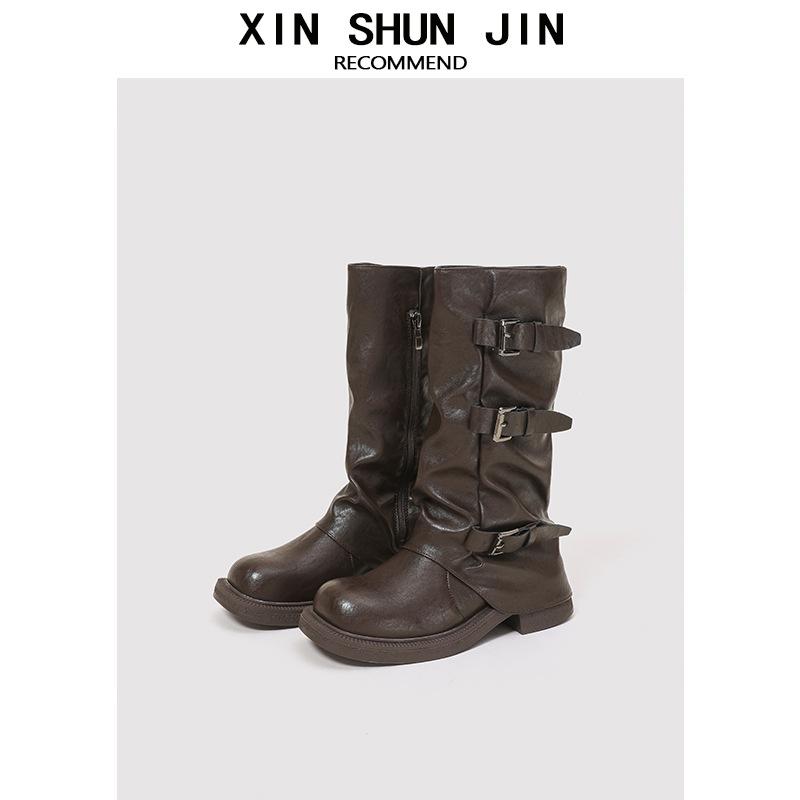 

Belt Buckle Thick Bottom Pleated Pile Boots Women s New Sweet Cool Spice Girl Medium Tube Black Knight Pant Pants Fashion Boots 40 коричневый