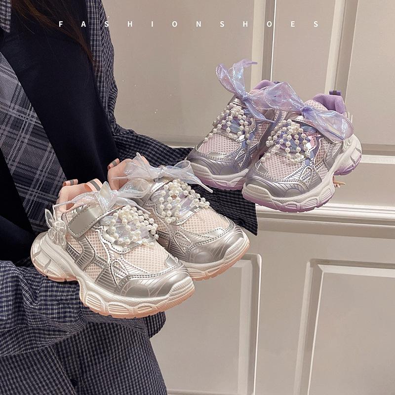 Girls cute sneakers 2025 spring and autumn new mesh pearl national style bow dad shoes running shoes tide