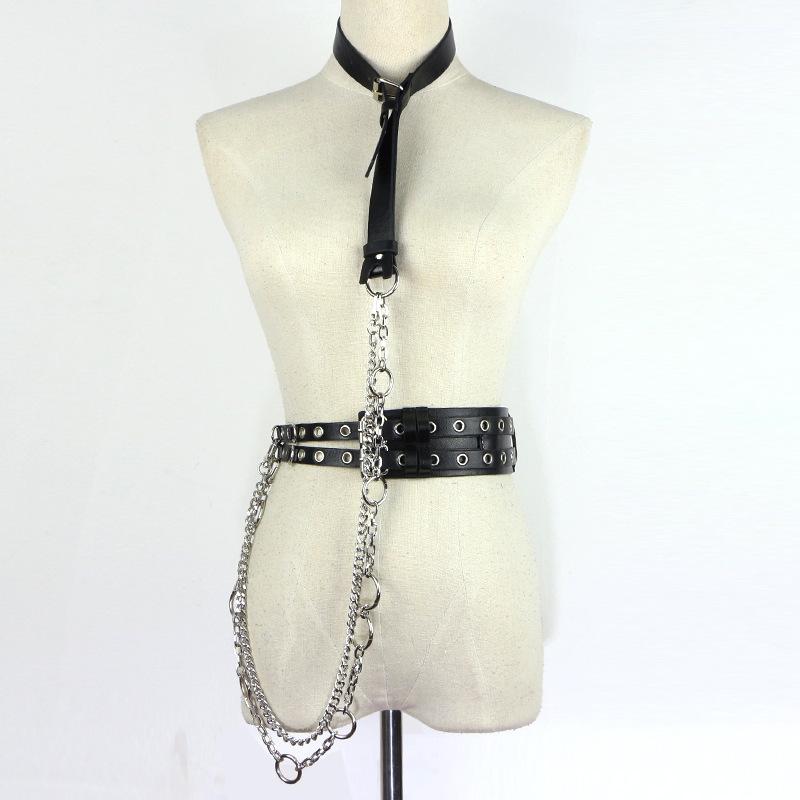

Hip Hop Detachable Metal Chain Leather Shoulder Strap Wide Belt Women Techwear Style Rivet Goth Punk Leather Belt Corset 90cm чорний