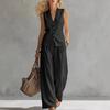 Women's Sleeveless Vest Two Piece Set V Neck Button Waistcoat Wide Leg Pants Linen Blend Commuter Suit Summer Outfit
