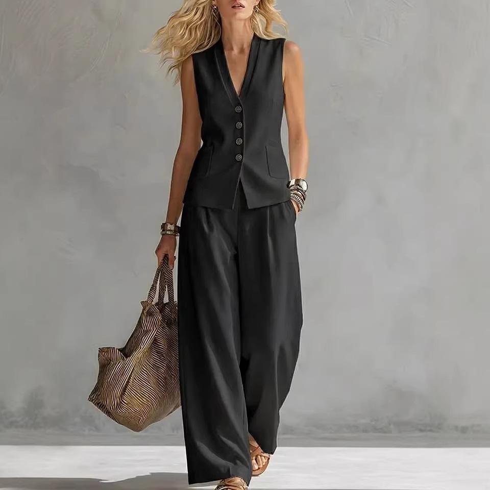 Women's Sleeveless Vest Two Piece Set V Neck Button Waistcoat Wide Leg Pants Linen Blend Commuter Suit Summer Outfit