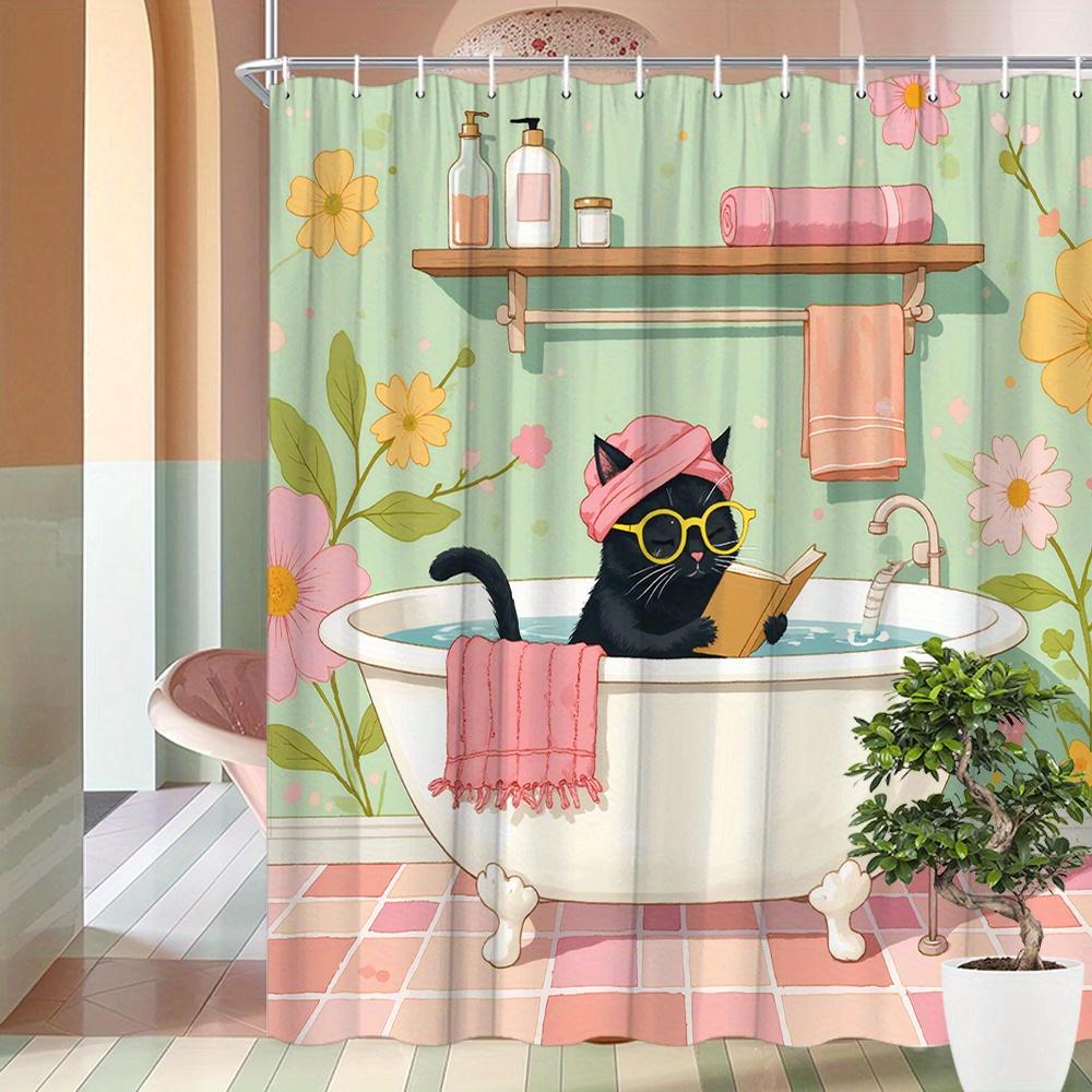 1pc Vintage Bathroom Cat Shower Curtain, Black Cat with Yellow Glasses & Pink Turban Reading Book in Bathtub Design